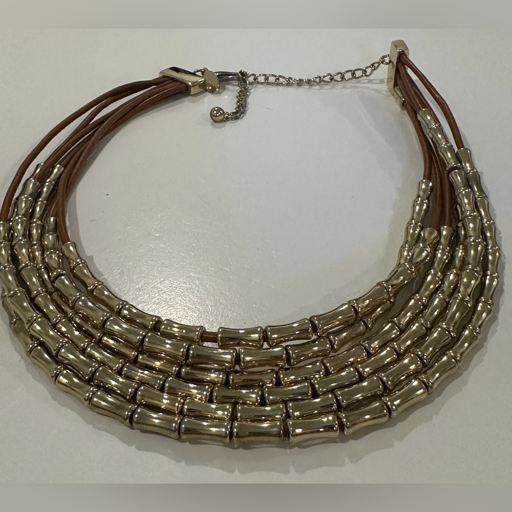 Chico’s Elegant Gold and Brown Leather Adjustable Necklace